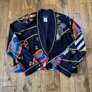 VTG Carole Little Blazer Jacket Women Sz 14 Black Nautical Rope Print Cropped